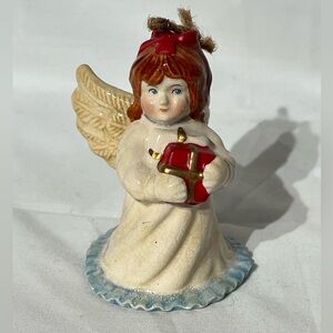 Vintage Hand Painted Porcelain Christmas Angel Cherub Ornament Holding a Gift